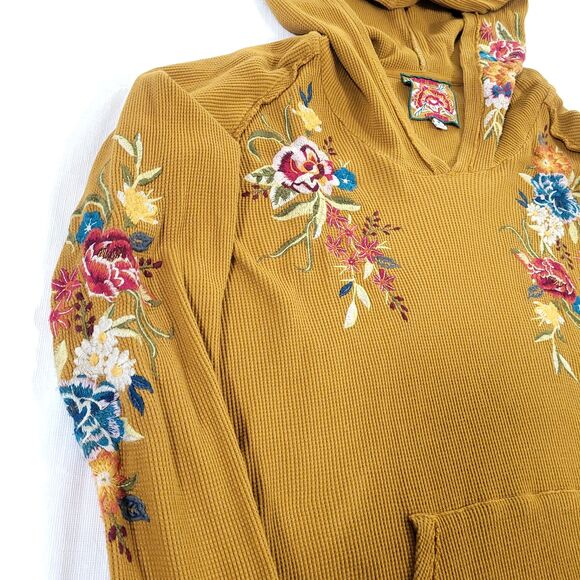 Isla Thermal floral Embroidered Hoodie Johnny Was M Mustard Yellow Cotton Boho - Picture 5 of 13